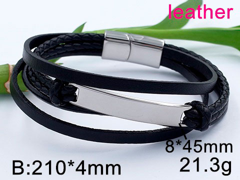 Brazalete cuerito negro placa acero inox al centro