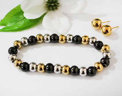 Set Pulsera de bolitas tres tonos con aretes