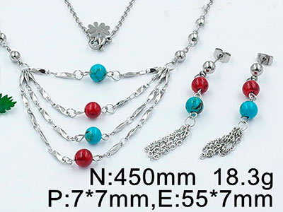 Set plateado collar 4 tiempos perlas de color
