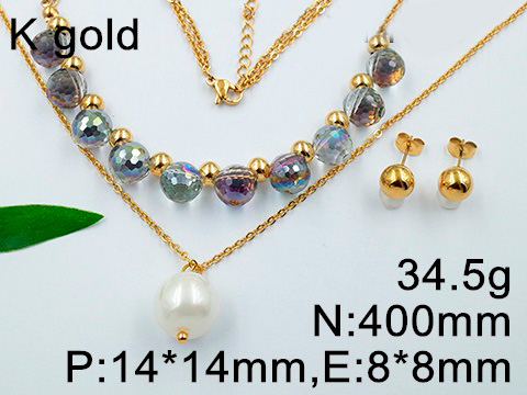 Set dorado collar doble con piedras y perla colgante