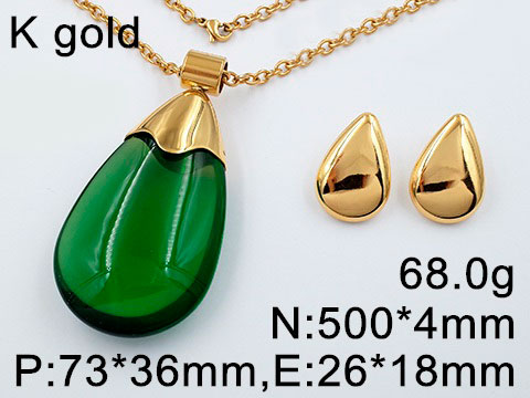 Set dorado collar dije gota verde 7cm