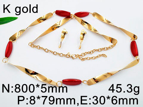Set dorado collar largo con piedras rojas
