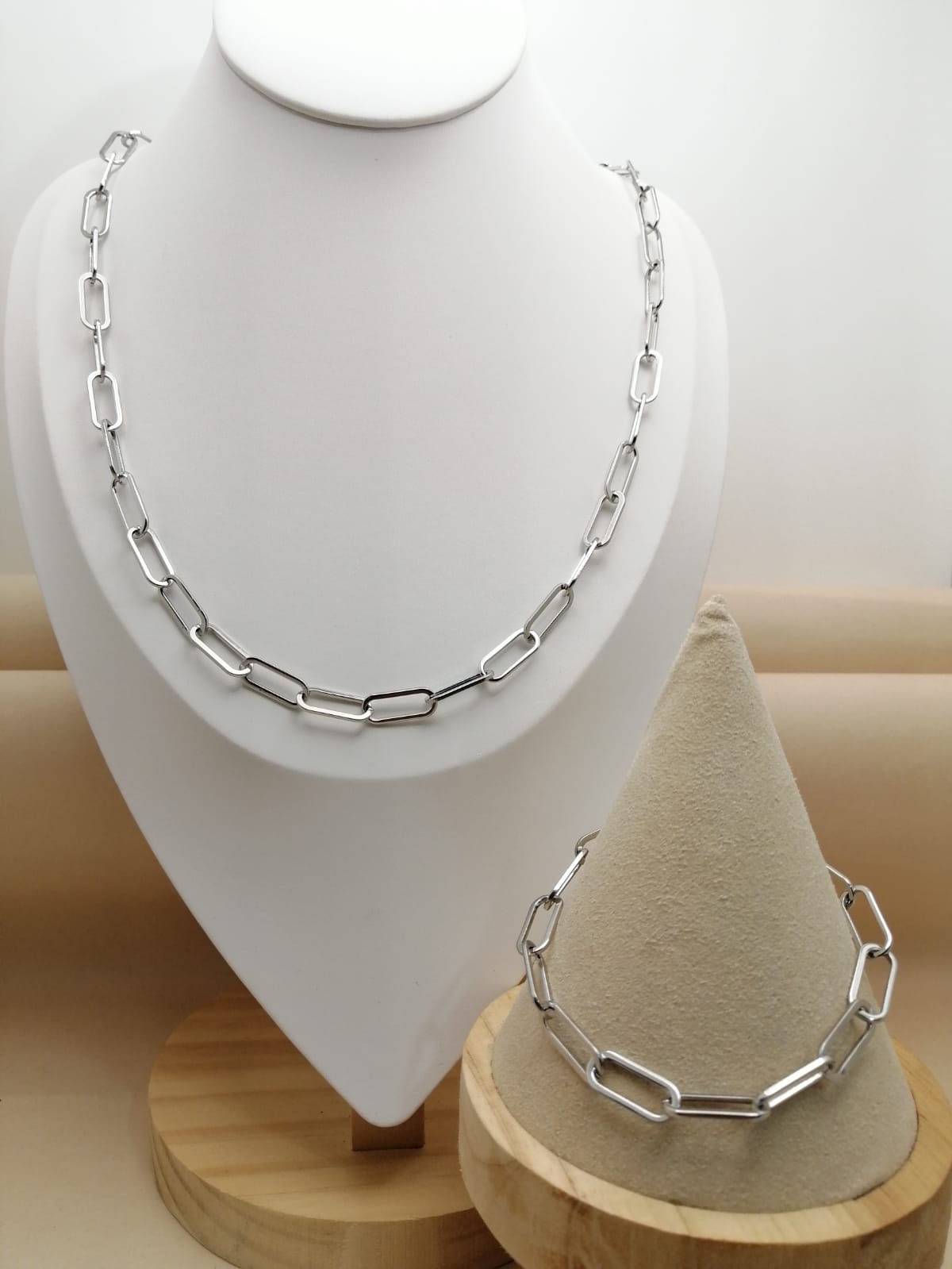 Set plateado cadena y pulsera clip 6mm