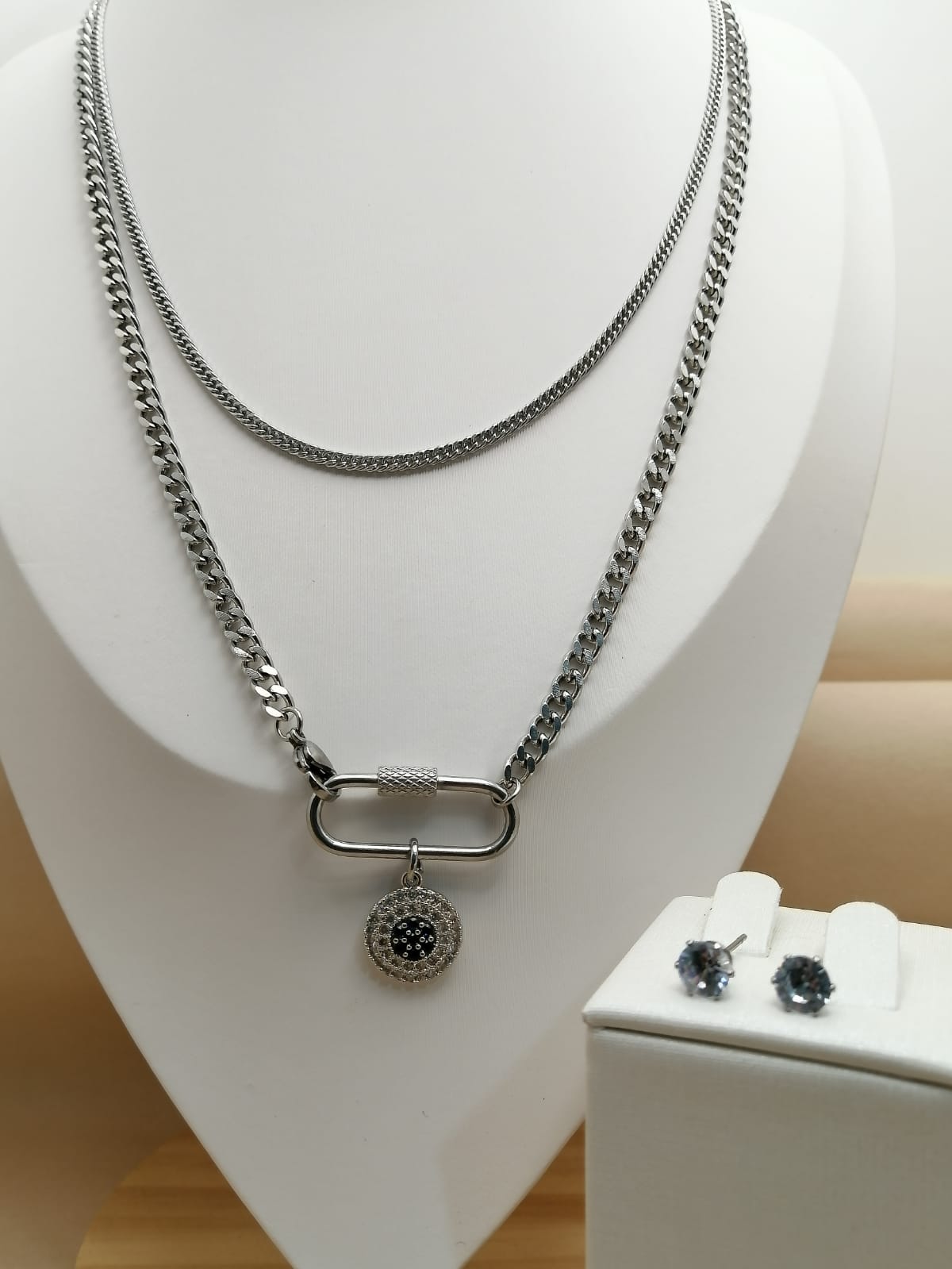 Set plateado 2 cadenas y dije con piedra azul