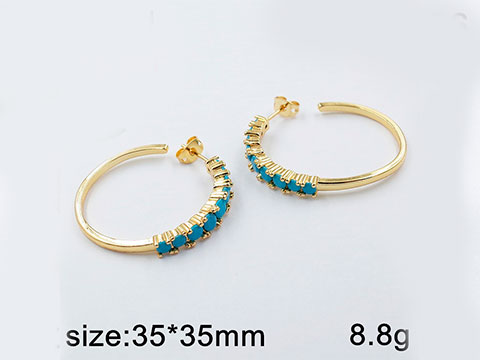 Argollas 3.5cm en laminado dorado piedras turquesa al frente