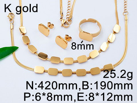 Set dorado 4 piezas diseño rectangular, anillo #7