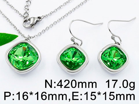 Set plateado Dije y aretes piedra verde 1.5cm