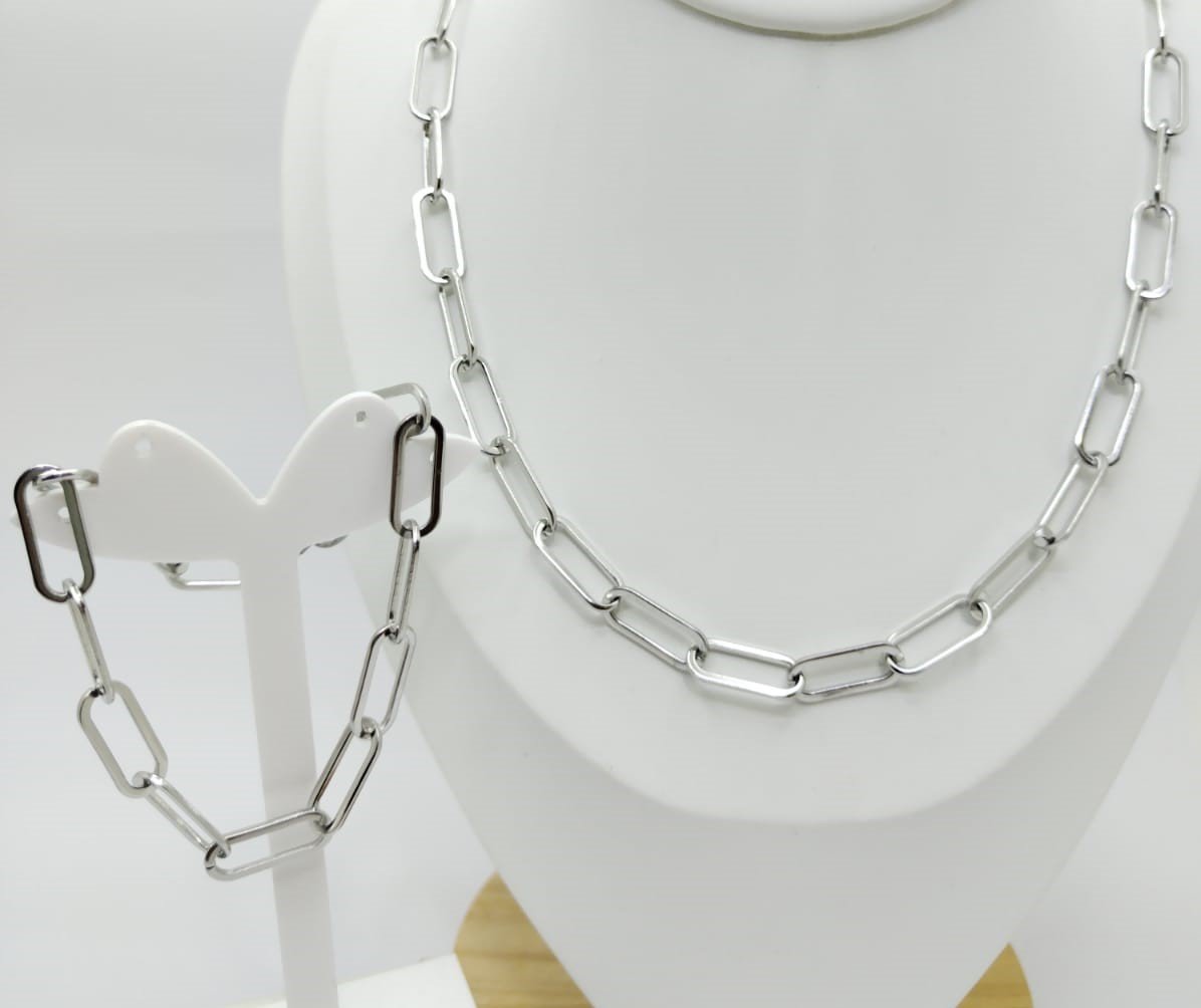 Set plateado cadena y pulsera clip 6mm