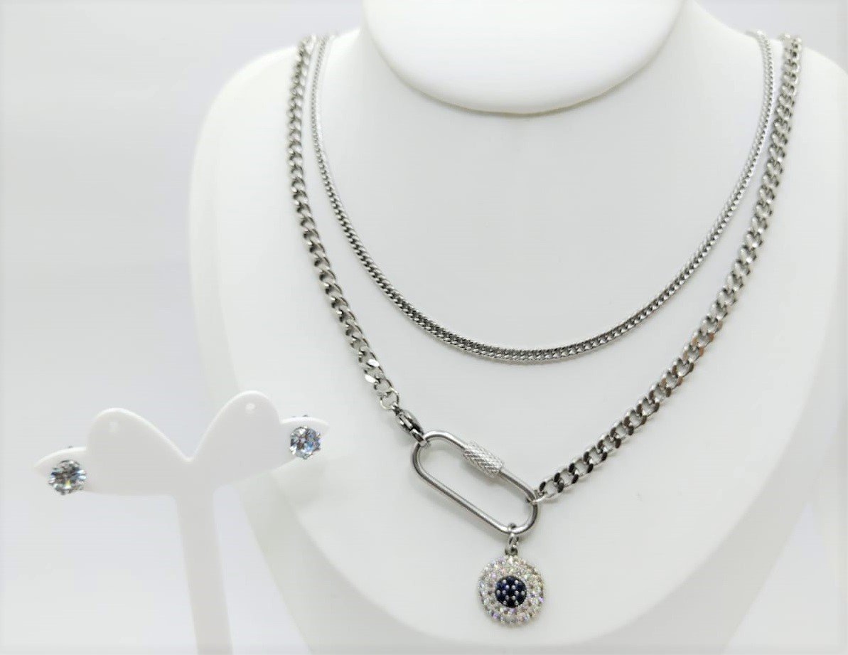 Set plateado 2 cadenas y dije con piedra azul