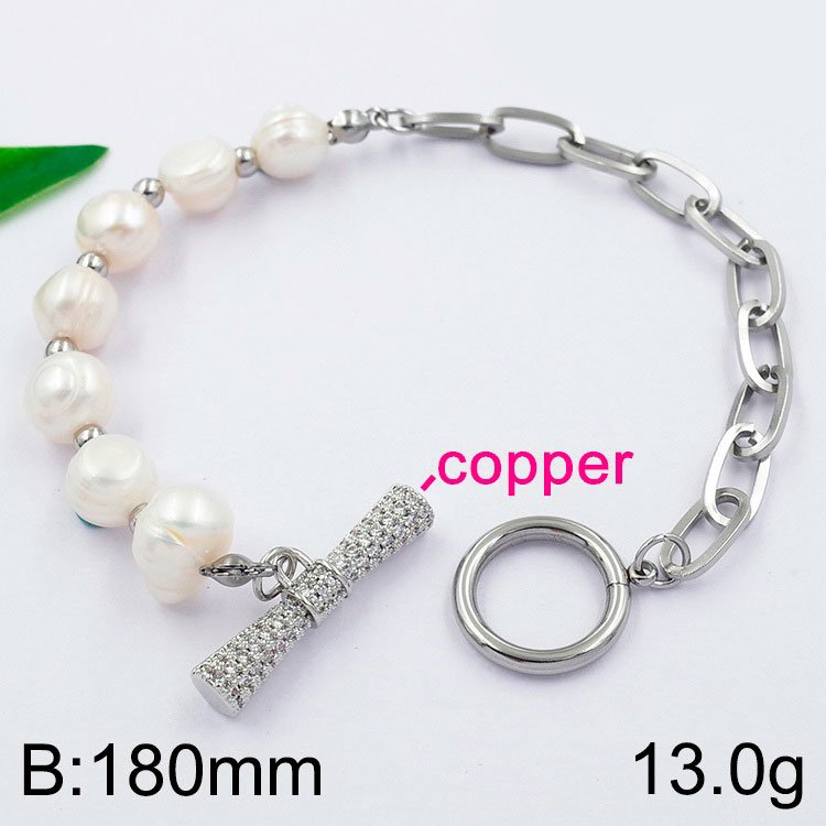 Pulsera plateada perlas naturales y cadenita cierre con pedrería