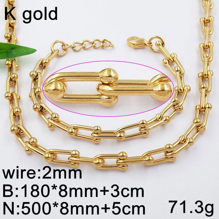 Set dorado Collar y Pulsera eslabón grueso Herradura con bolitas 8mm