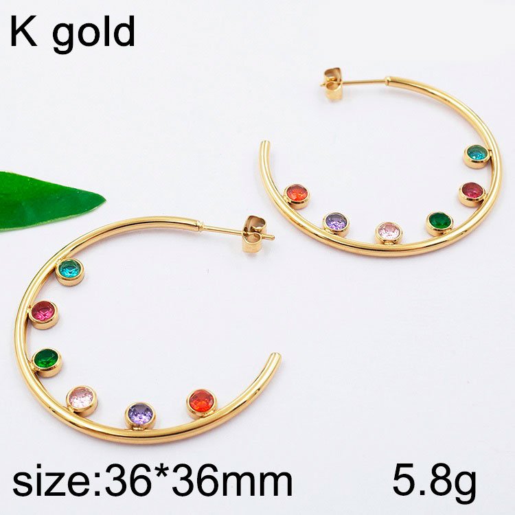 Argollas doradas delgadas 3.6cm 6 circonitas colores al frente