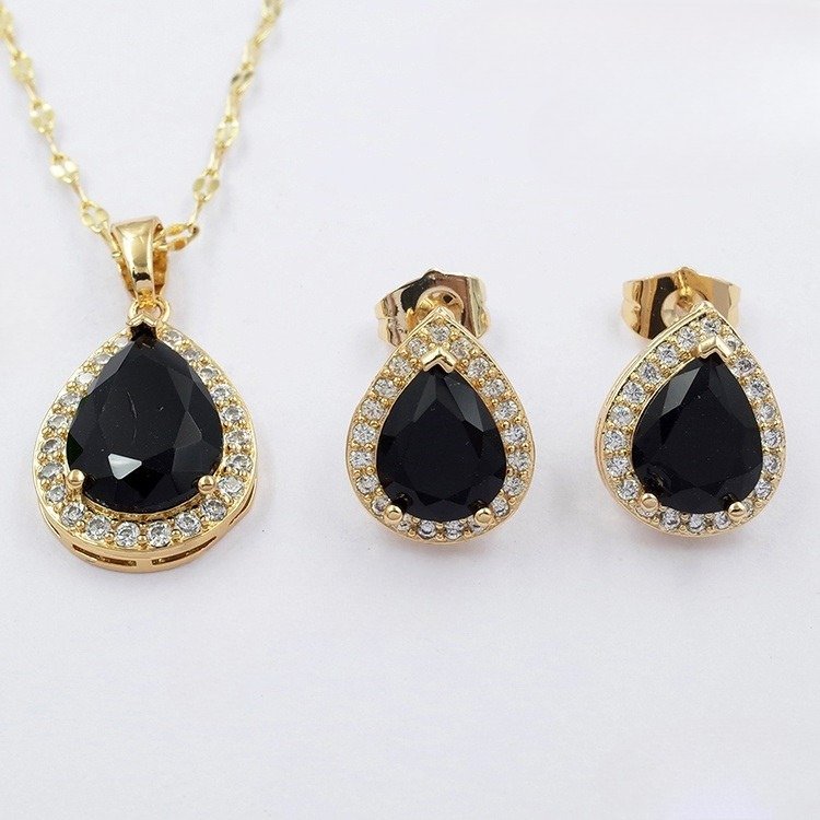 Set dorado dije y aretes gota negra pedrería